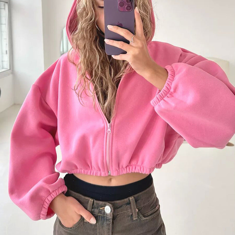 Damen cropped Kapuzenpullover mit voluminösen Ärmeln Stalluxe