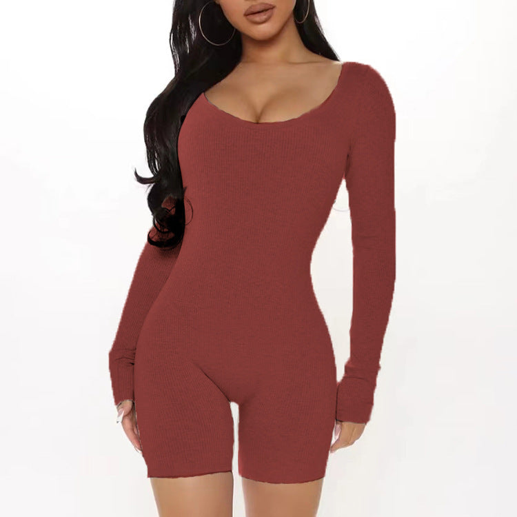 Damen Figurbetonter Jumpsuit mit langen Ärmeln und V-Ausschnitt Stalluxe
