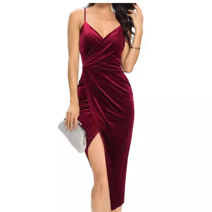 Damen Glitzerndes Samt Wickel-Midi-Kleid Stalluxe