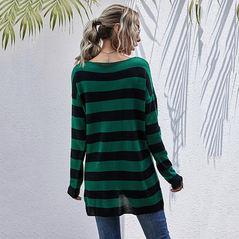 Damen gestreifter Oversized Pullover mit tiefem V-Ausschnitt und trendigen Cut-Outs Stalluxe