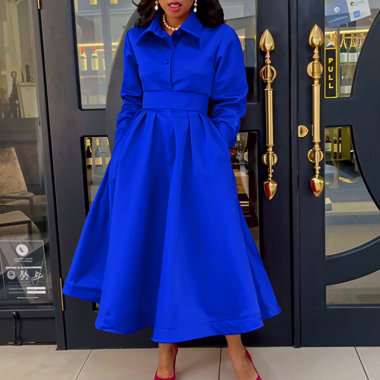 Damen Maxi-Kleid mit eleganter Knopfleiste und taillierbarem Gürtel Stalluxe