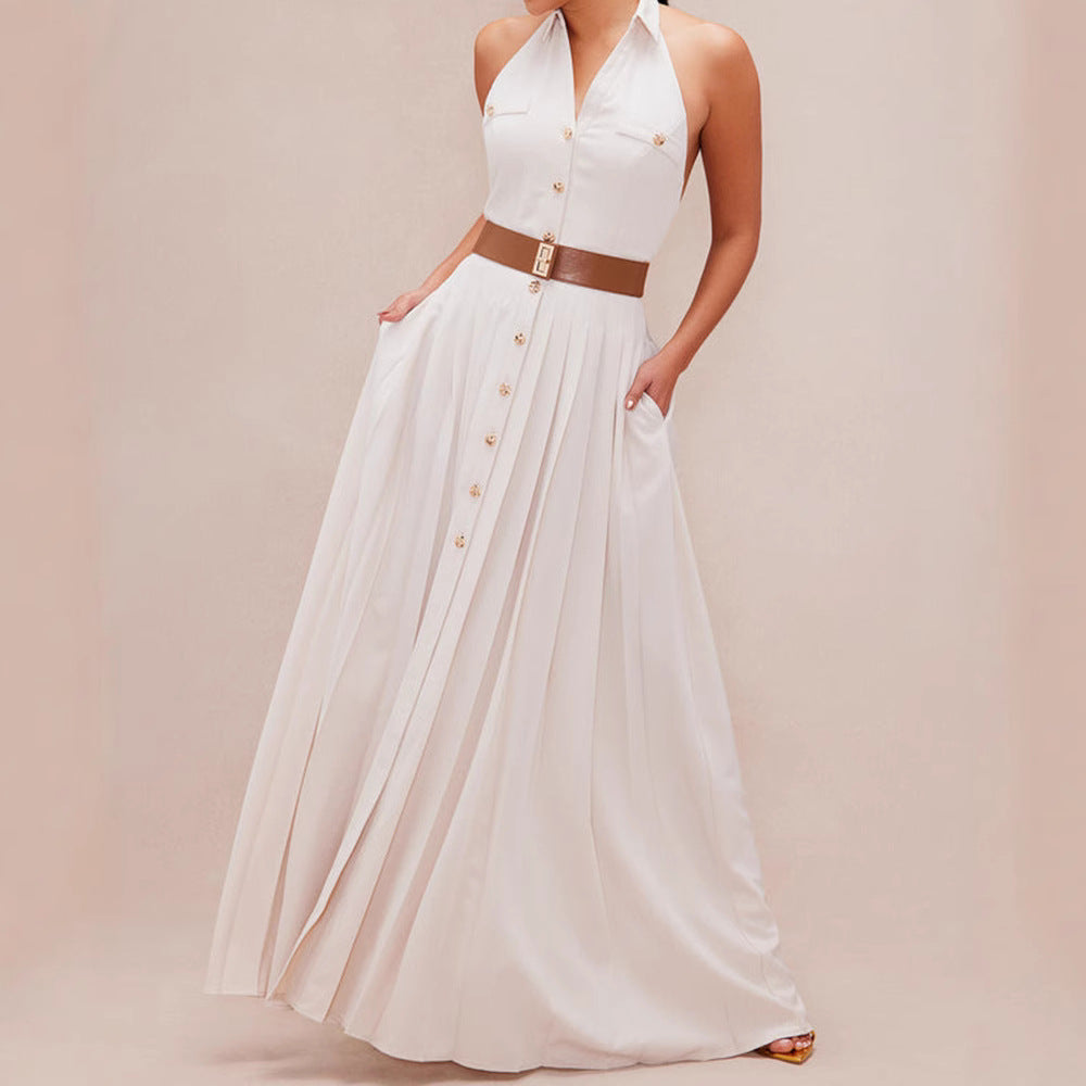 Damen Elegantes Maxikleid mit tiefem V-Ausschnitt und schmeichelndem Taillengürtel Stalluxe