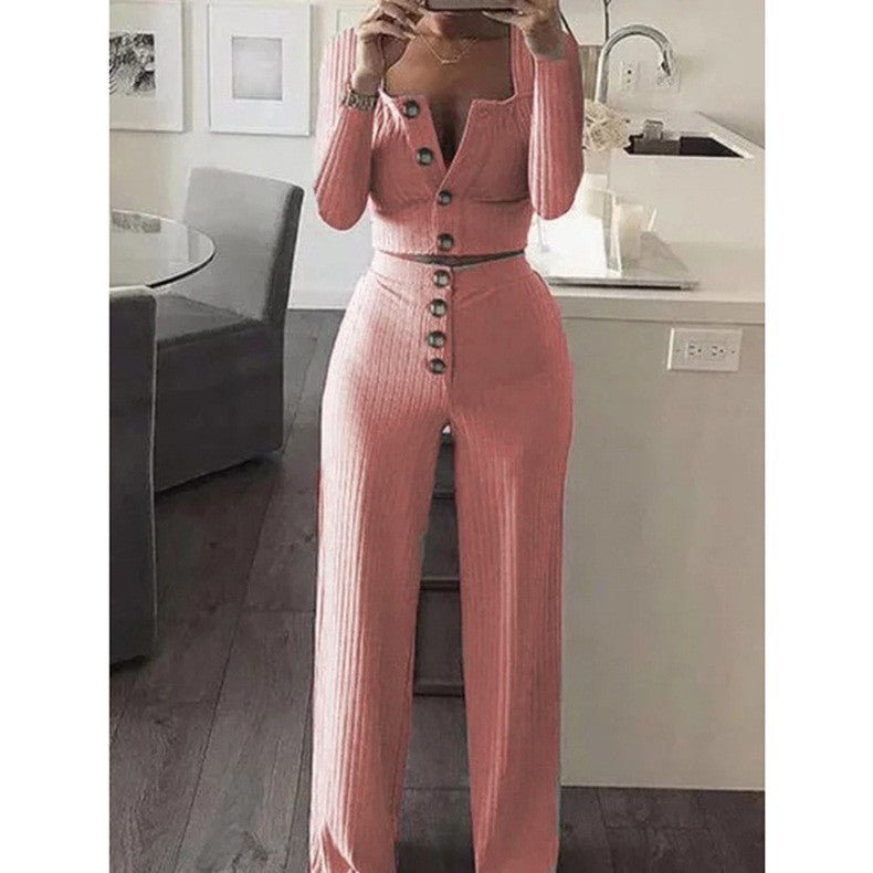 Damen modisches Strick-Set mit Knopfdetail und langem Ärmel Stalluxe