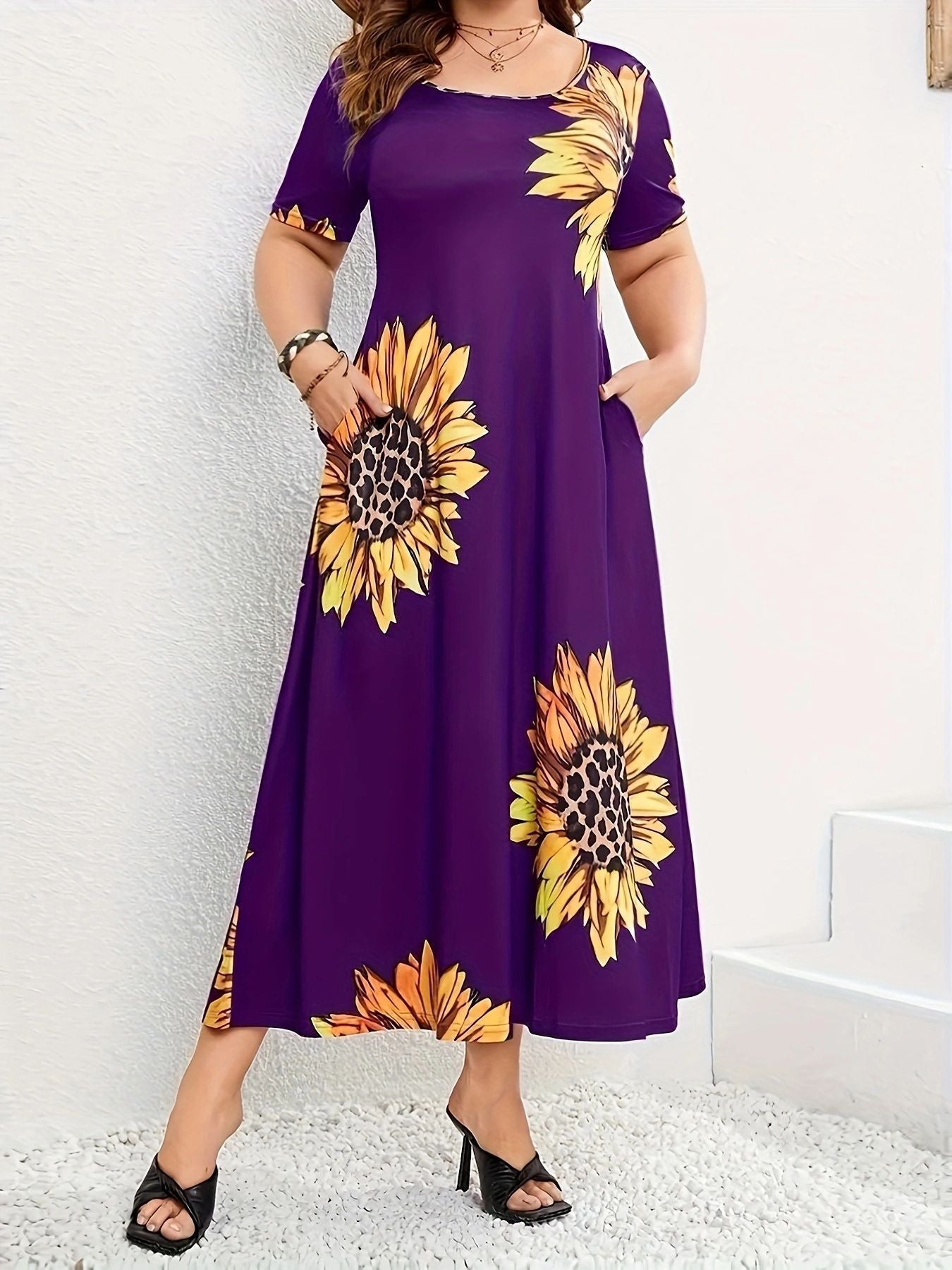 Damen Sommerliches Maxikleid mit floralem Sonnenblumenmuster und praktischen Taschen Stalluxe
