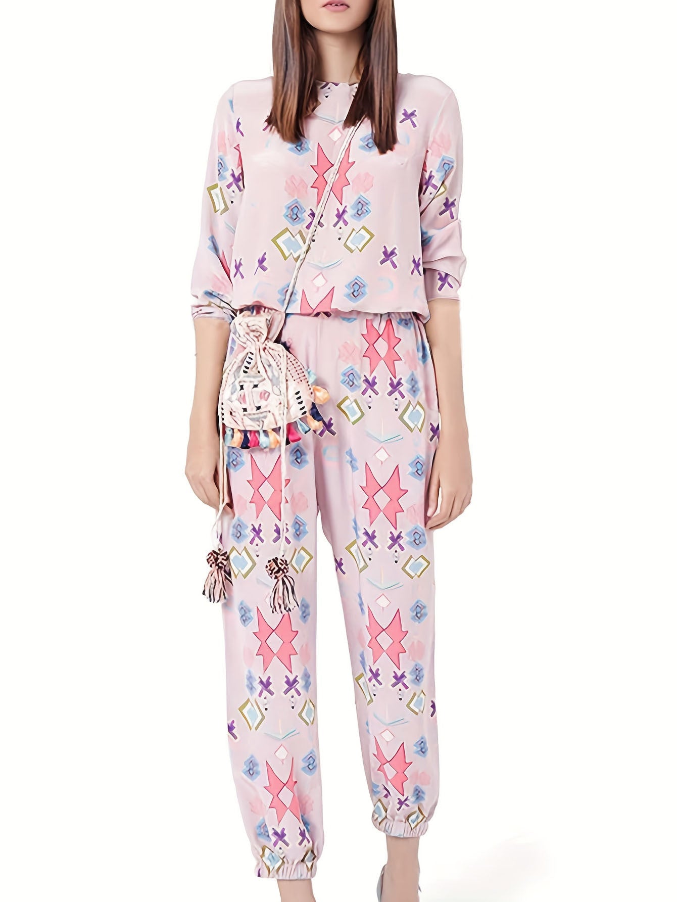 Damen Loungewear Set mit farbenfrohen geometrischen Mustern und elastischem Bund Stalluxe