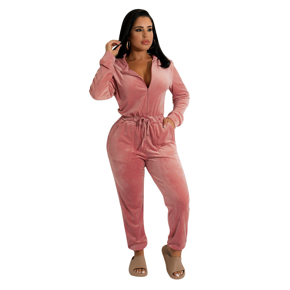 Damen Fleece-Jumpsuit mit Kapuze und elastischem Bund Stalluxe