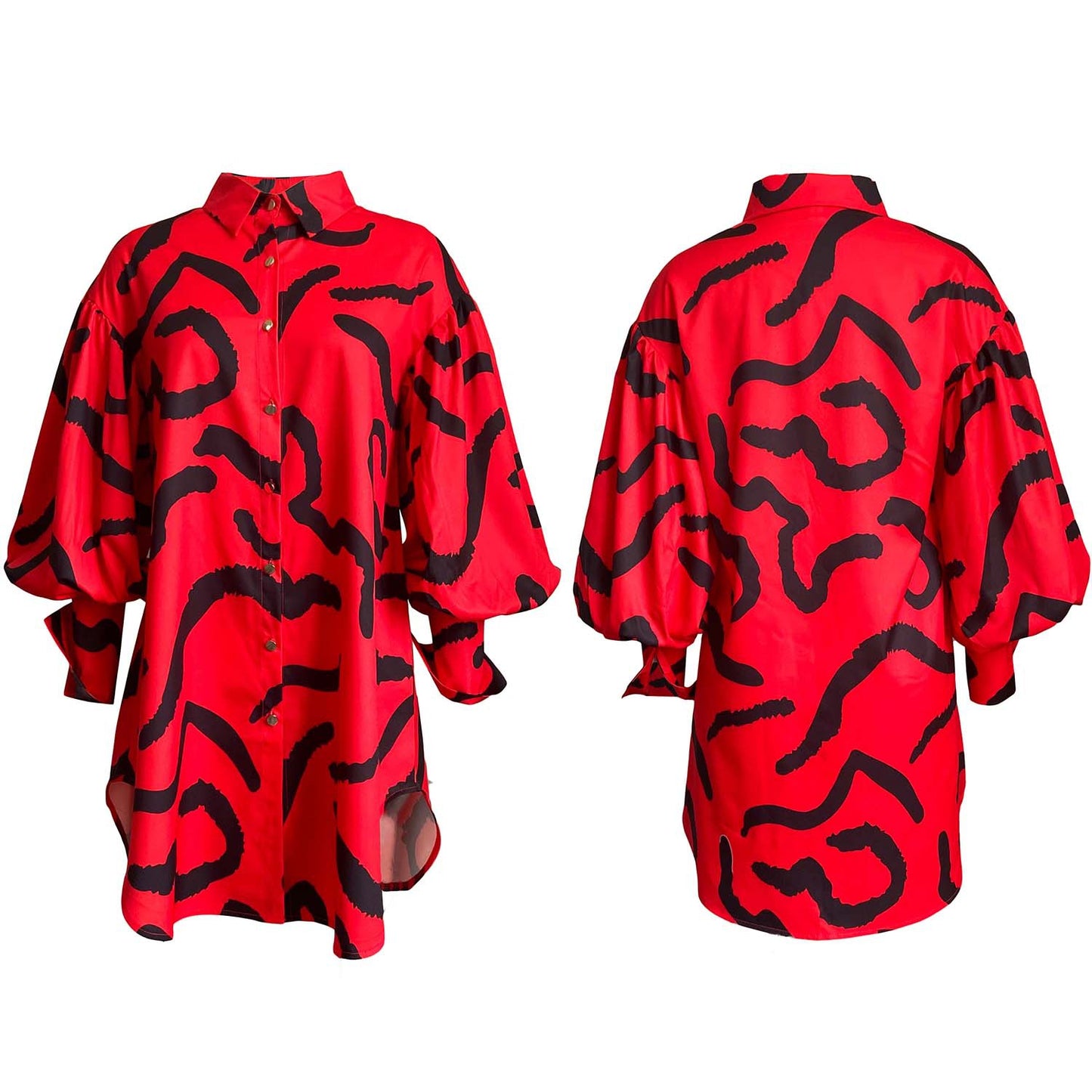 Damen Modisches Hemdblusenkleid mit auffälligem Muster und voluminösen Ärmeln Stalluxe Rot