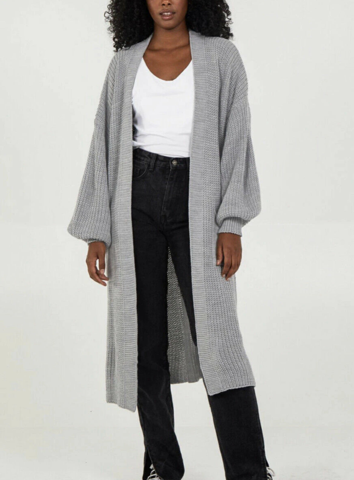 Damen Langer Strickcardigan mit voluminösen Ärmeln und offenem Schnitt Stalluxe