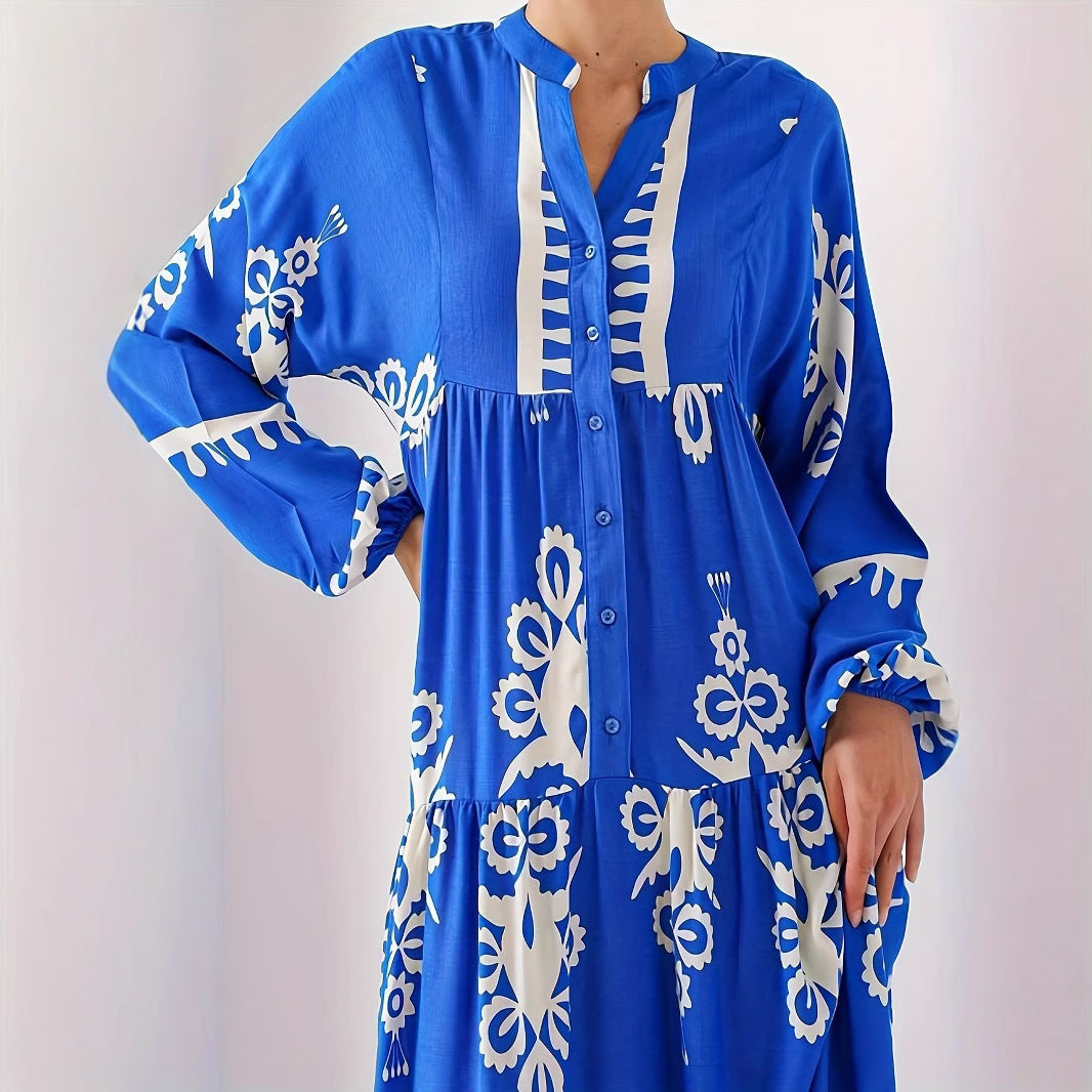 Damen langes Kaftankleid mit floralen Akzenten und Knopfleiste Stalluxe