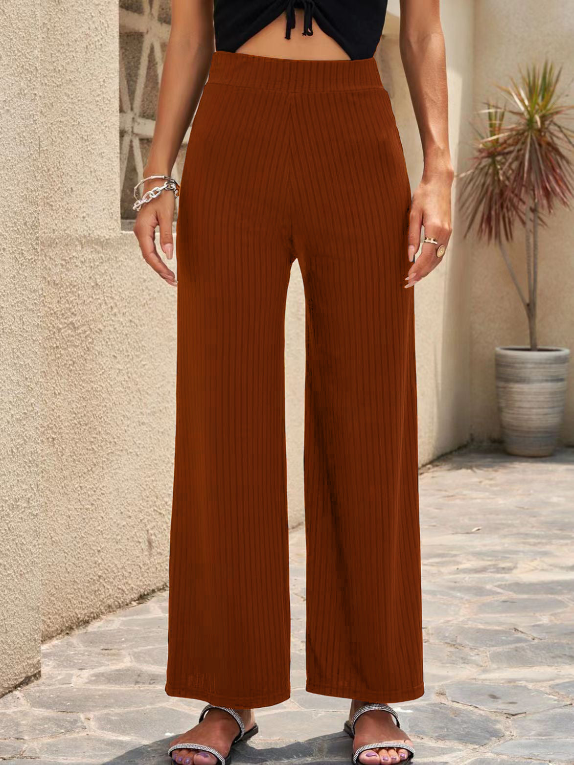 Damen elegante weit geschnittene Sommerhose mit feiner Rippstruktur Stalluxe