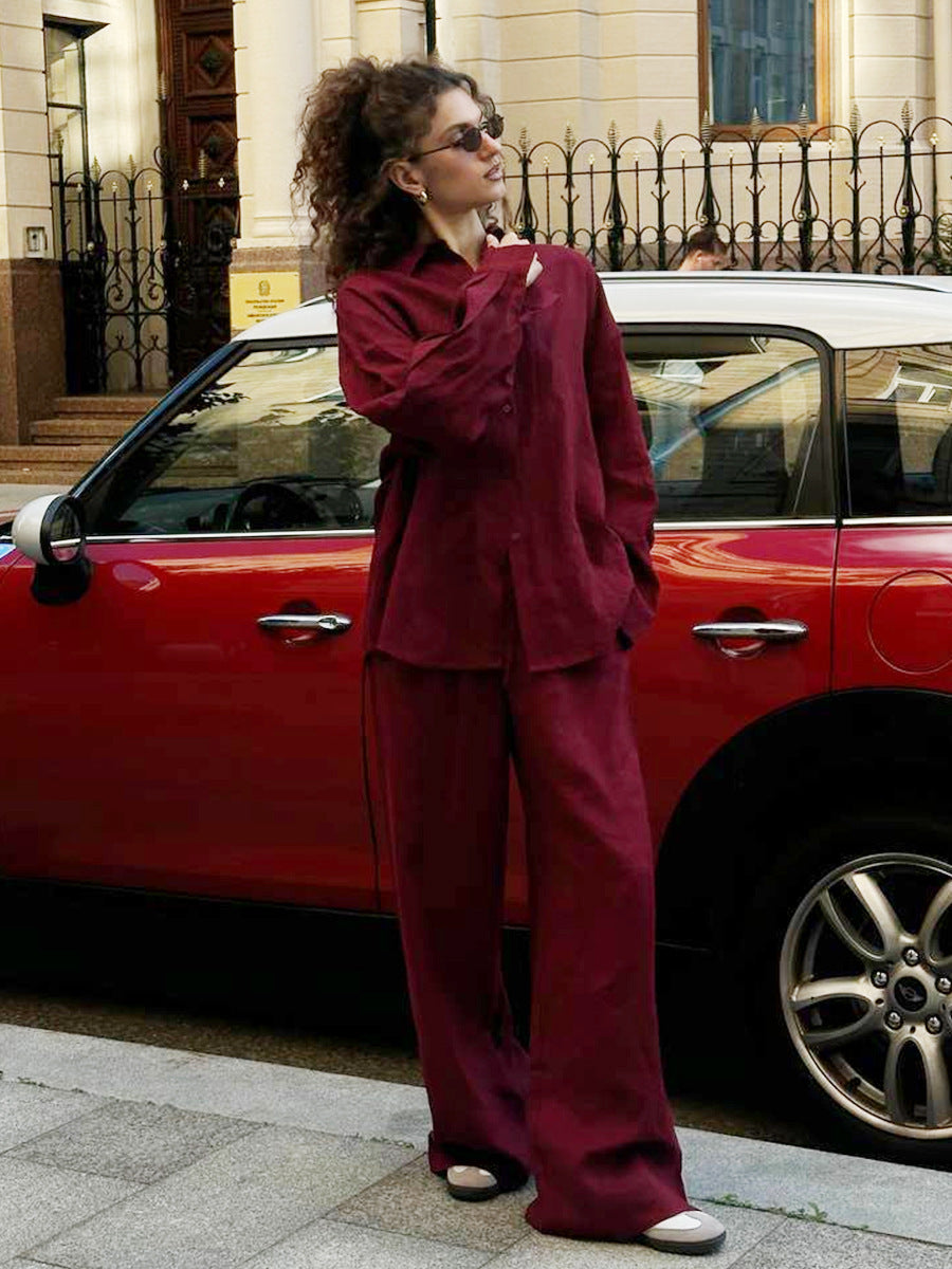Damen lässiger Leinenanzug mit weiten Hosen und oversize Hemd Stalluxe