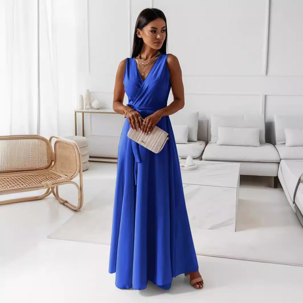 Damen Wickel-Maxikleid mit tiefem V-Ausschnitt und fließendem Schnitt Stalluxe