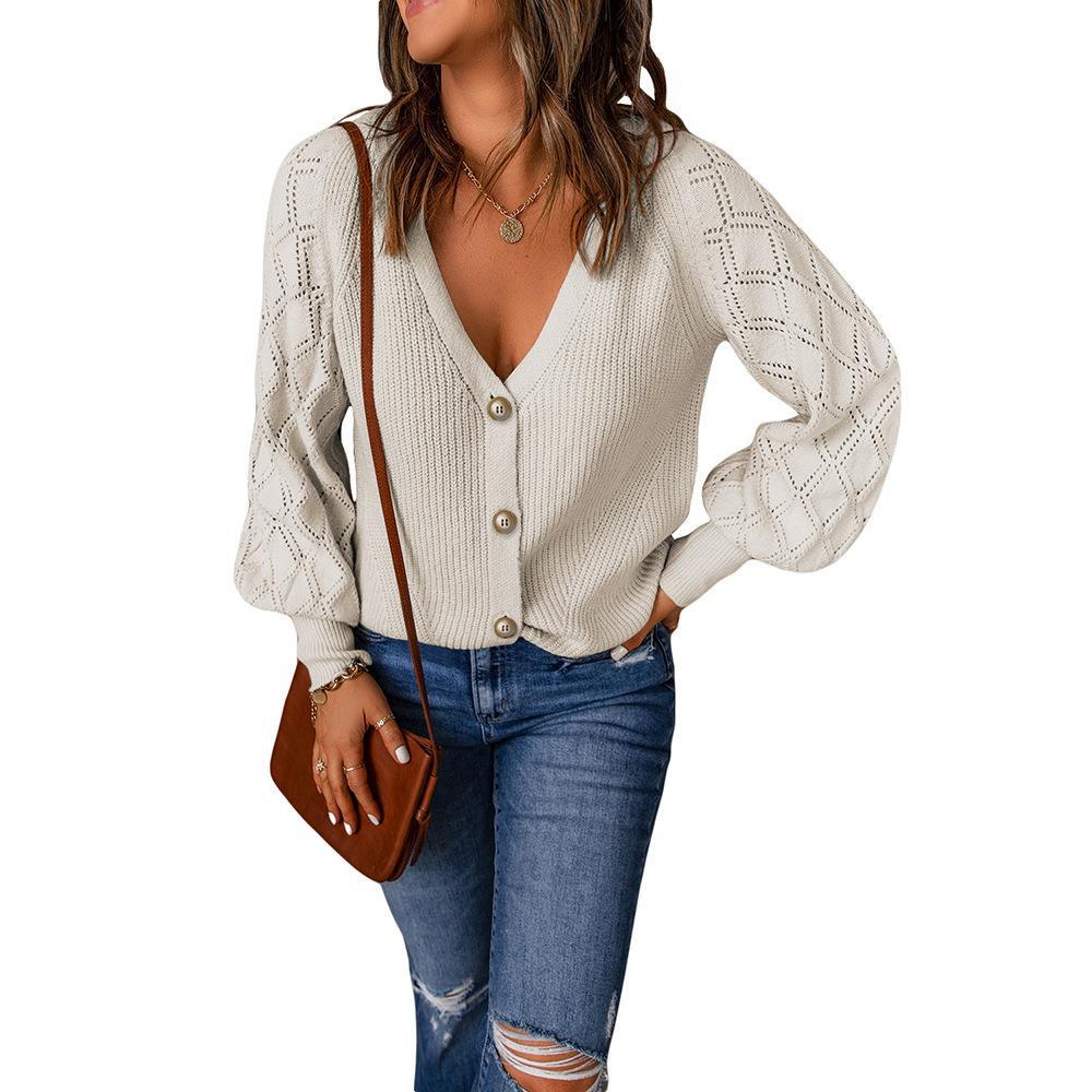 Damen Strickjacke mit V-Ausschnitt und modischen Puffärmeln Stalluxe