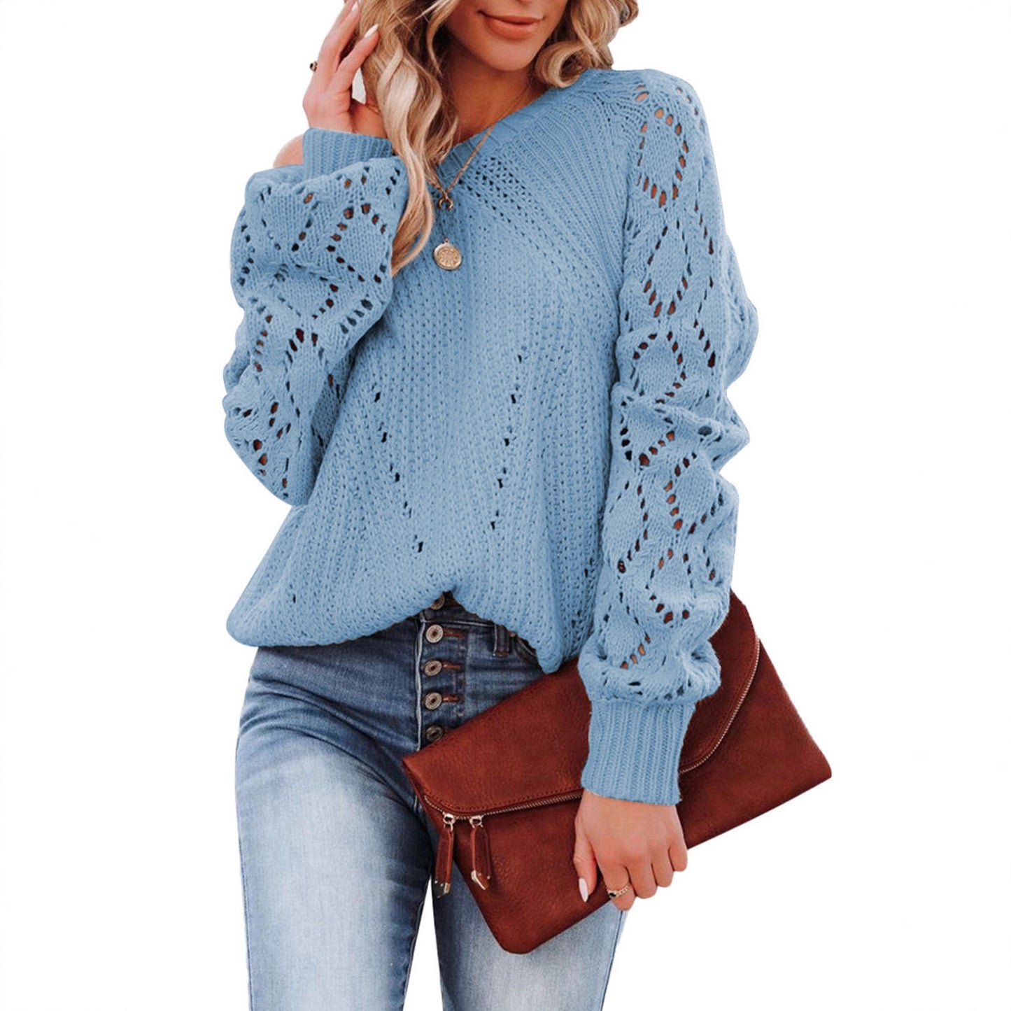 Damen Strickpullover mit Lochmuster und voluminösen Ärmeln Stalluxe