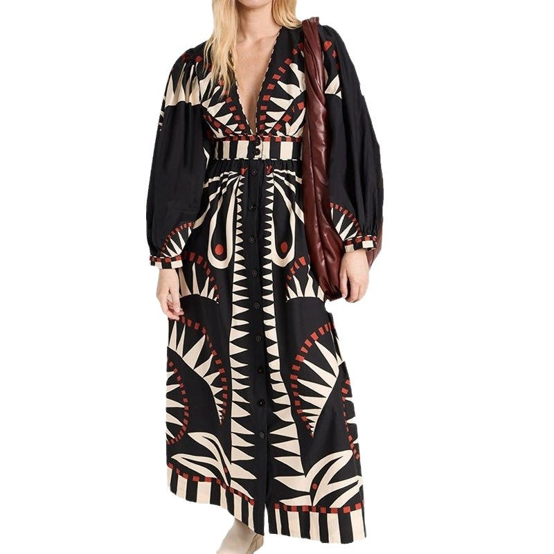Damen Maxikleid mit ausgefallenem geometrischem Muster und eleganter Knopfleiste Stalluxe
