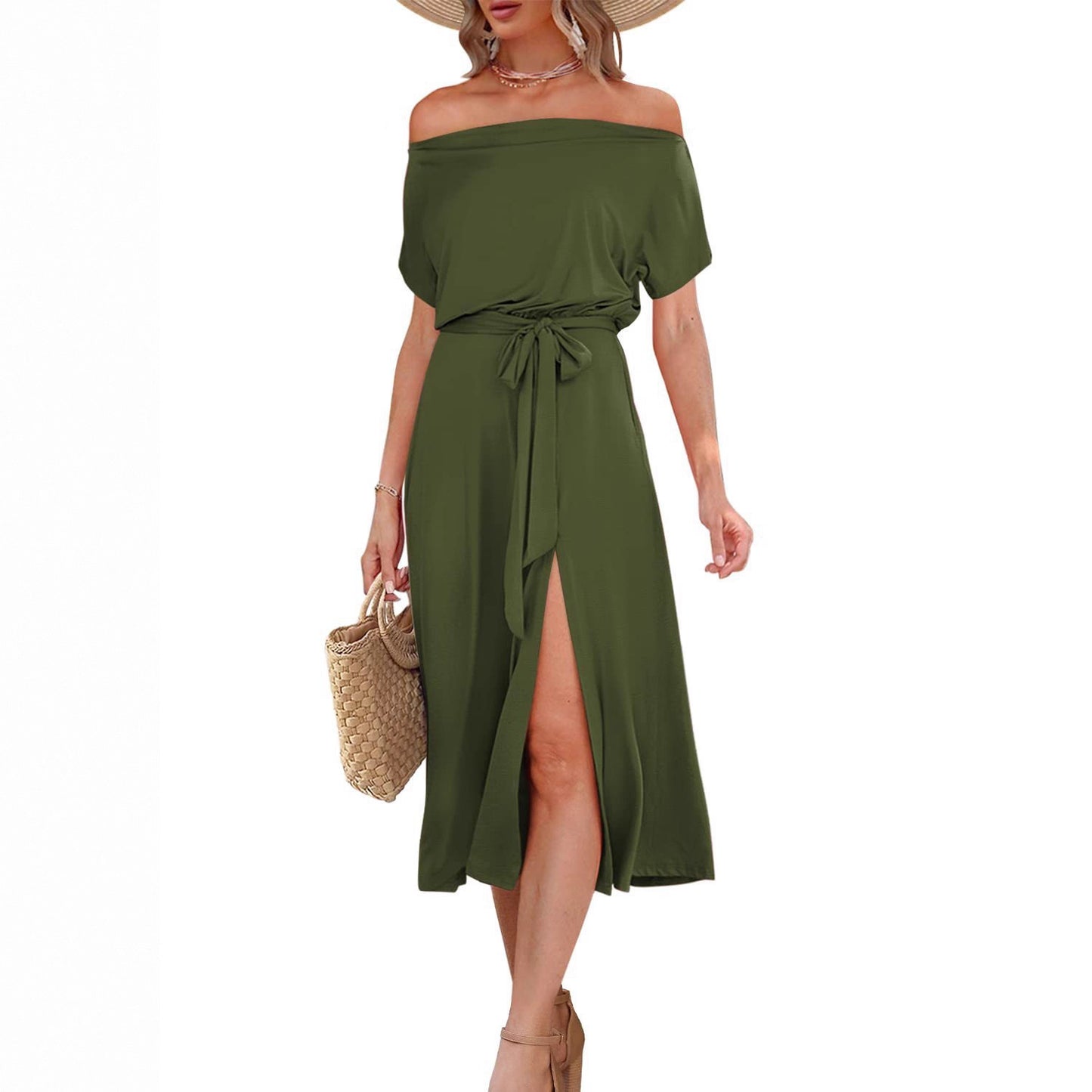 Damen Off-Shoulder Midikleid mit Taillengürtel und praktischen Taschen Stalluxe