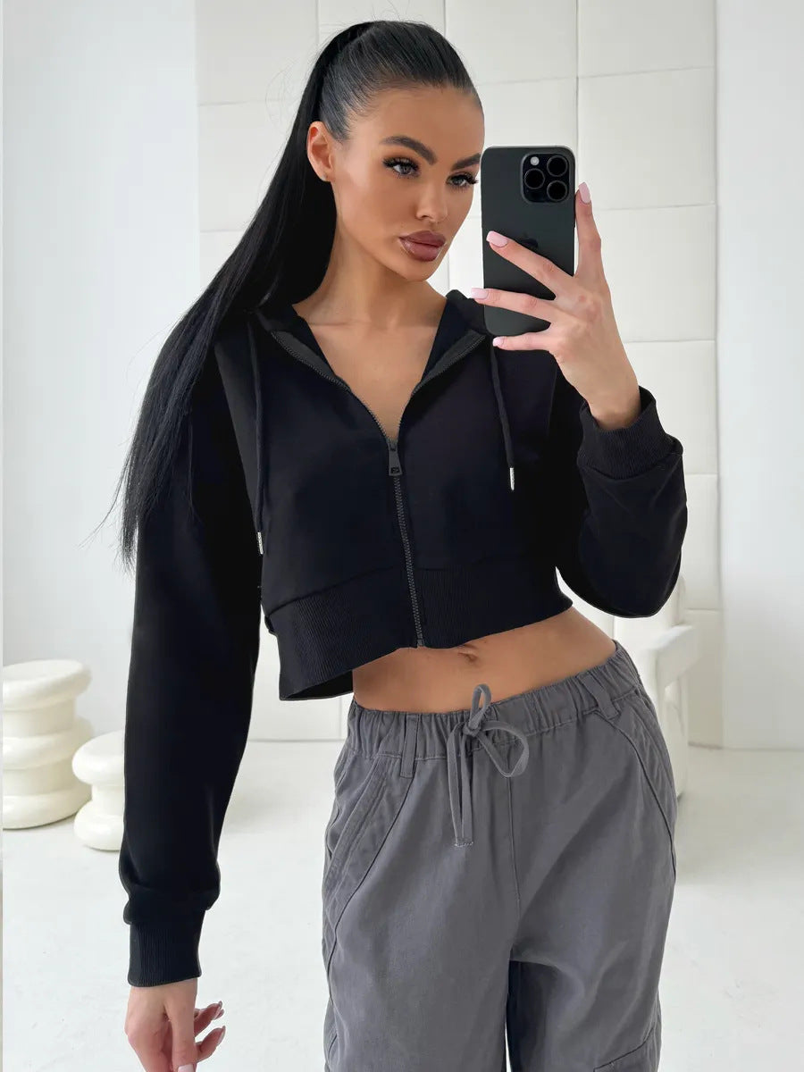 Damen cropped Kapuzenpullover mit bequemen elastischen Bündchen und praktischen Taschen Stalluxe