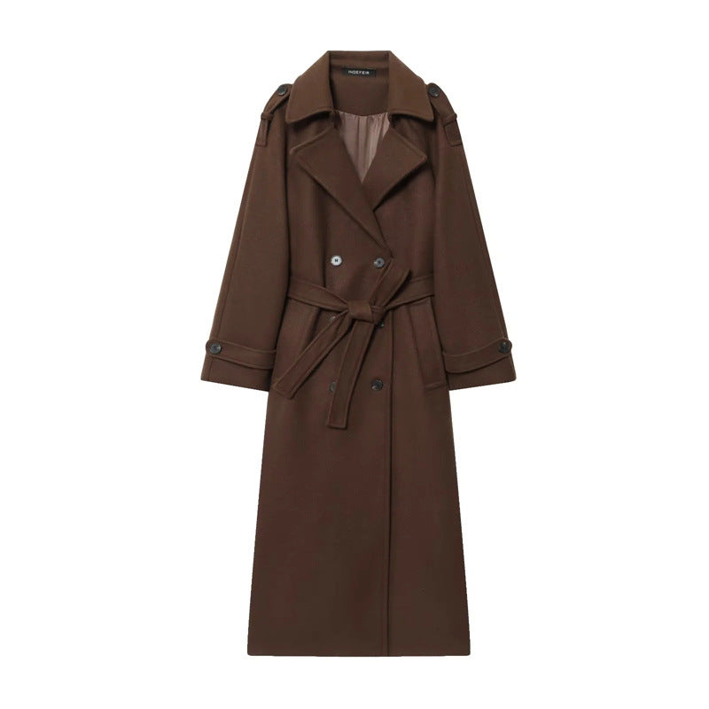 Damen Eleganter Wolltrenchcoat mit doppelter Knopfleiste und Taillengürtel Stalluxe