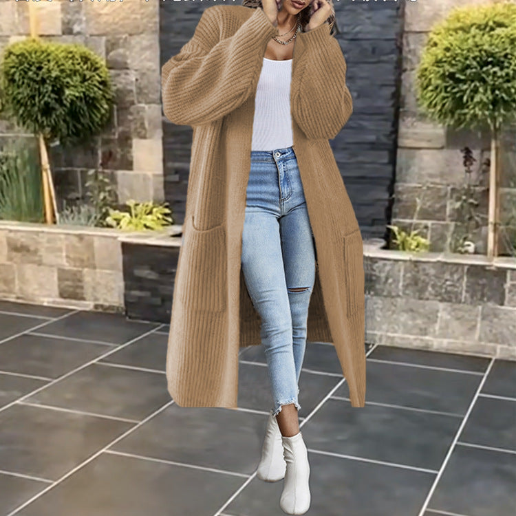 Damen Langer Strickmantel mit grober Rippenstruktur und praktischen Taschen Stalluxe