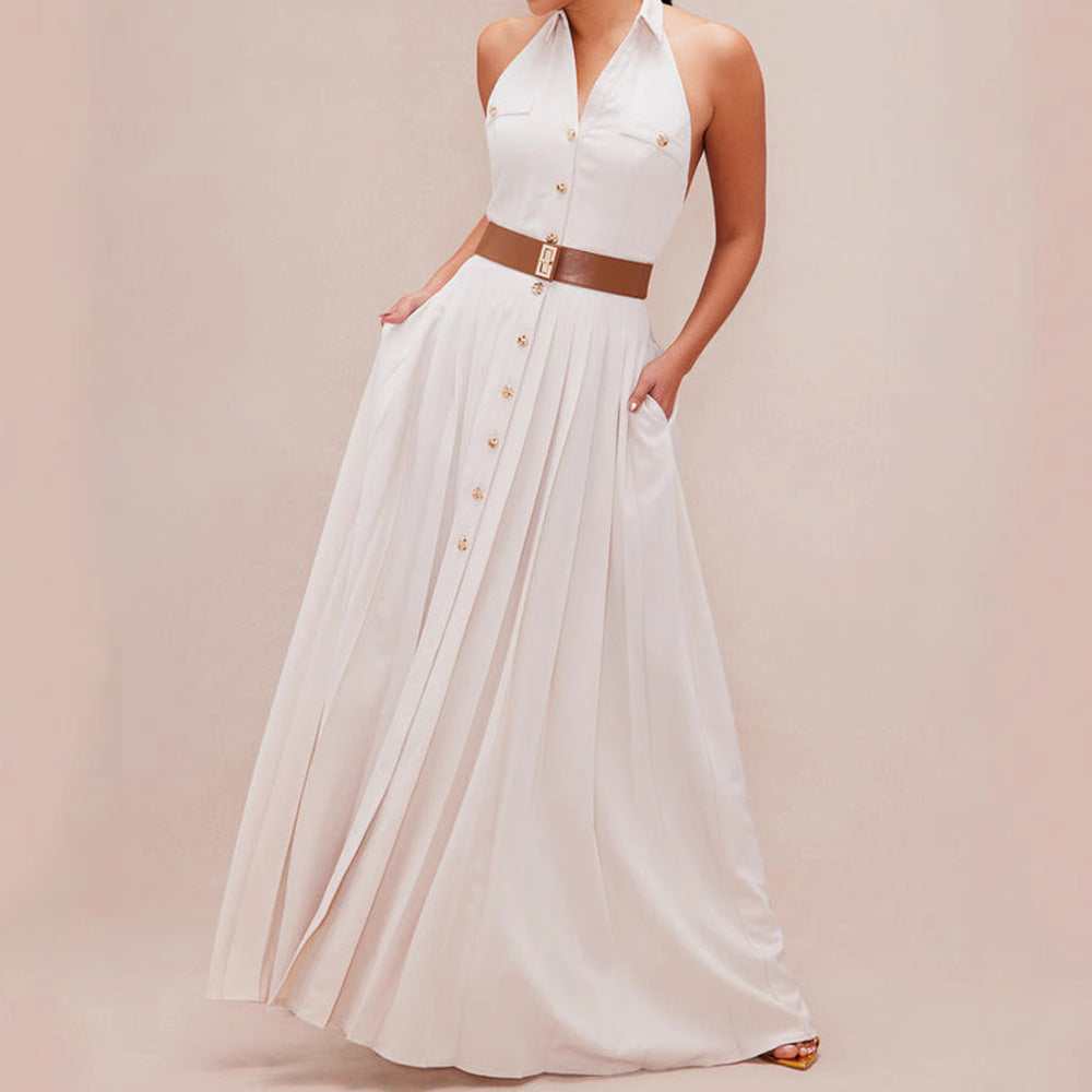 Damen Maxikleid mit Knopfdetails und schwingendem Rock Stalluxe