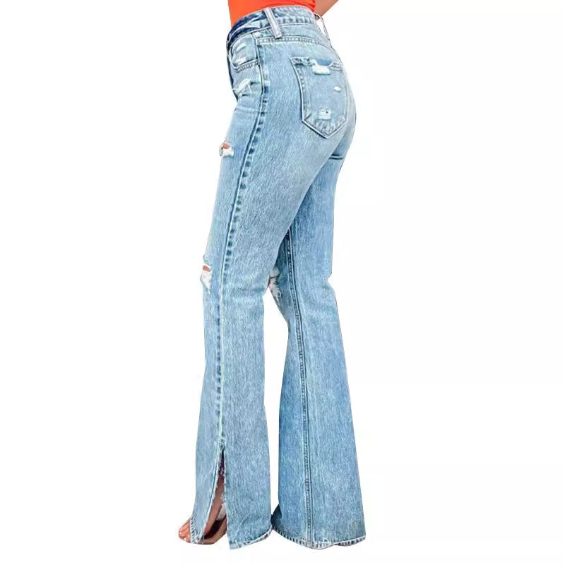 Damen Flared Jeans mit Distressed-Effekten und seitlichen Schlitzen Stalluxe