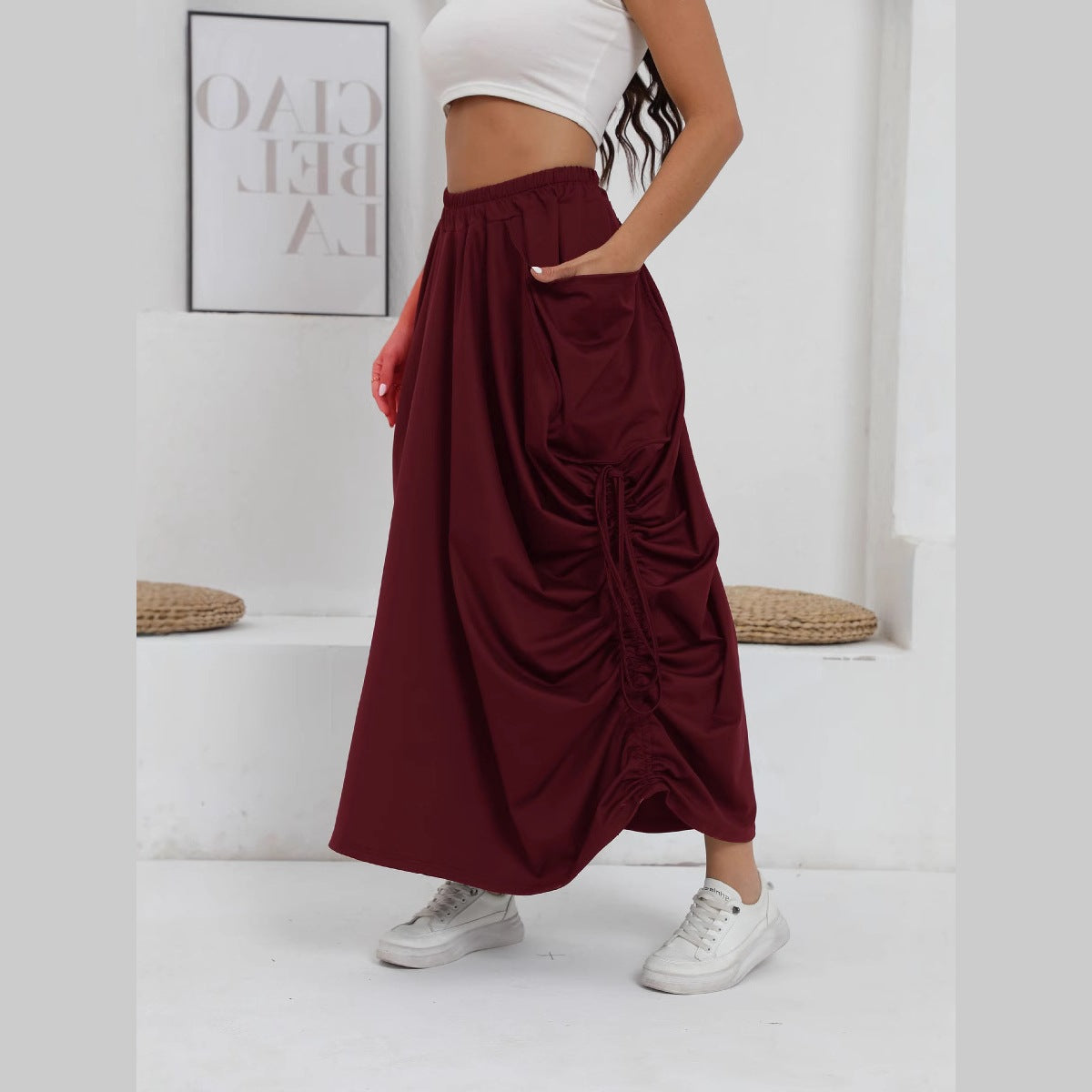 Damen lange Oversize-Rock mit Taschen und Raffung Stalluxe