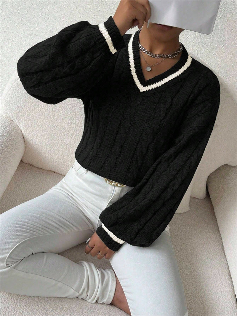 Damen Strickpullover mit modischem V-Ausschnitt und elegantem Zopfmuster Stalluxe