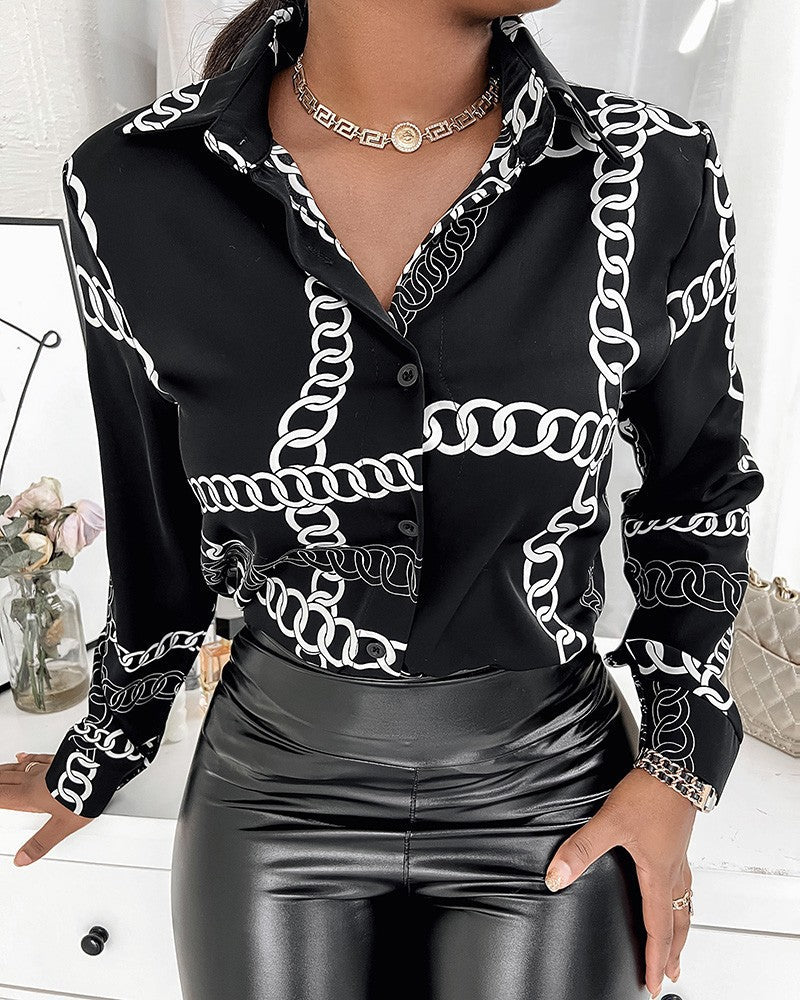 Damen Schicke Druckbluse mit modischem Kragen und figurbetonendem Schnitt Stalluxe