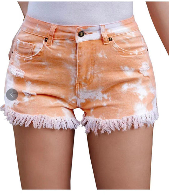 Damen lässige Denim-Shorts mit einzigartigem Batikmuster und fransigem Saum Stalluxe