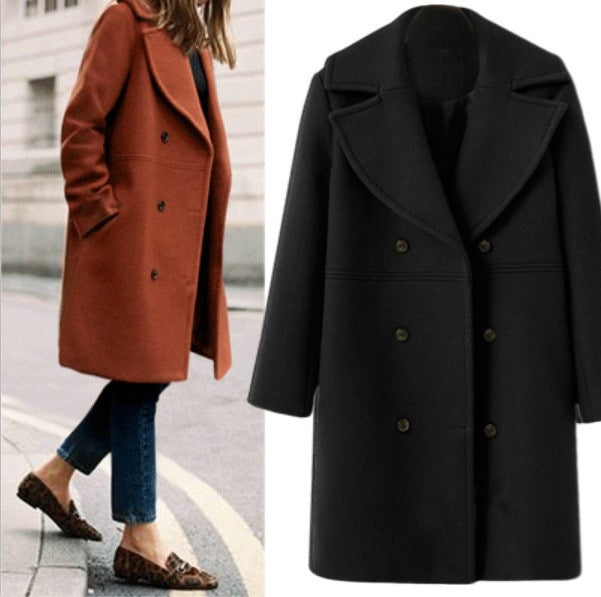 Damen Eleganter Doppelreiher-Wollmantel mit weitem Kragen und praktischen Taschen Stalluxe