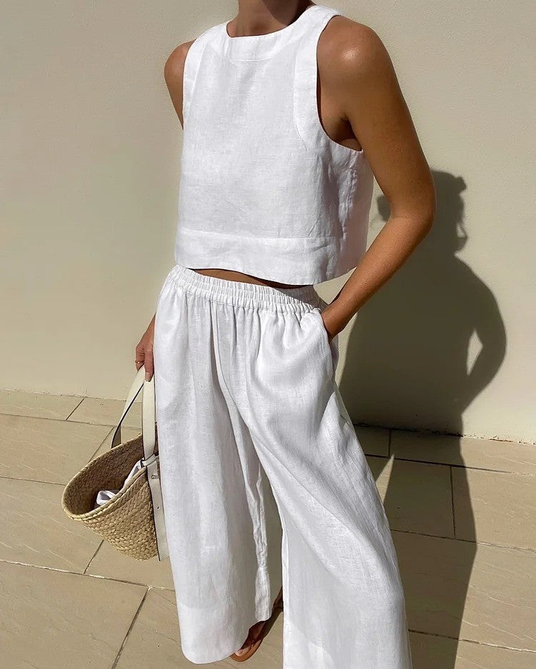 Damen luftiges und modernes Leinen-Set mit Cropped Top und weitem Hose Stalluxe