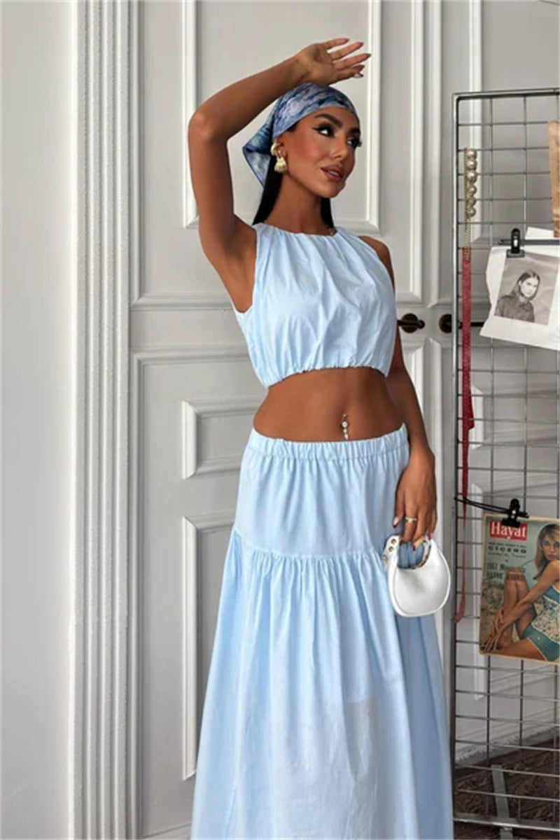 Damen Cropped Top und Maxi-Rock Set mit elastischem Bündchen und Volant Stalluxe