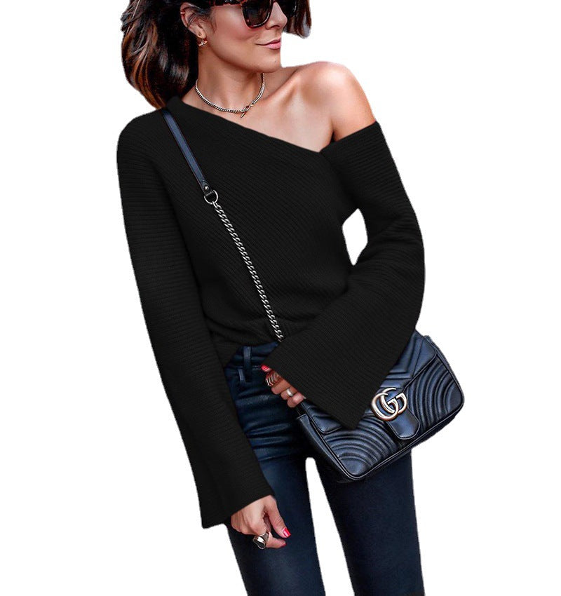 Damen asymmetrischer Grobstrickpullover mit lässigen Bellärmeln Stalluxe
