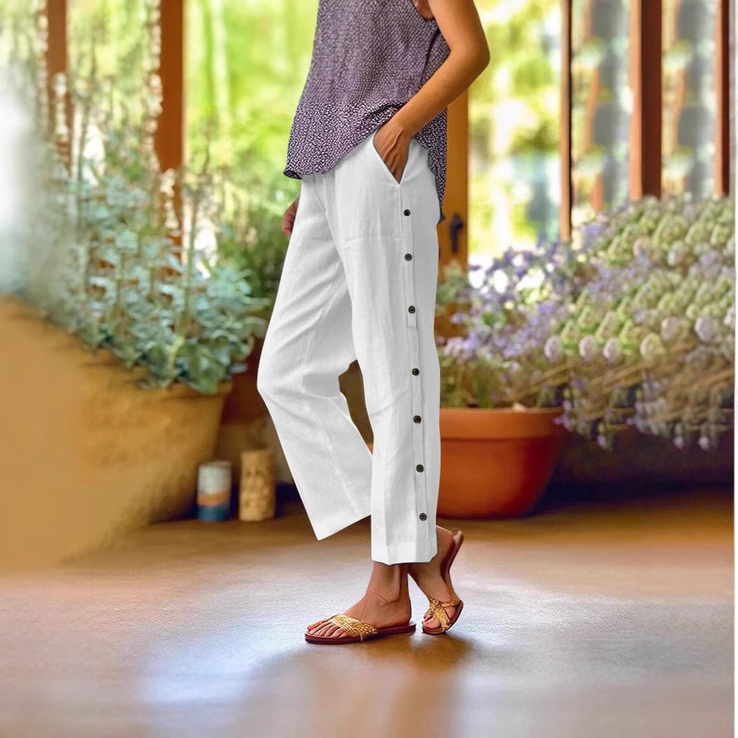 Damen Bequeme Leinenhose mit Knopfdetails Stalluxe