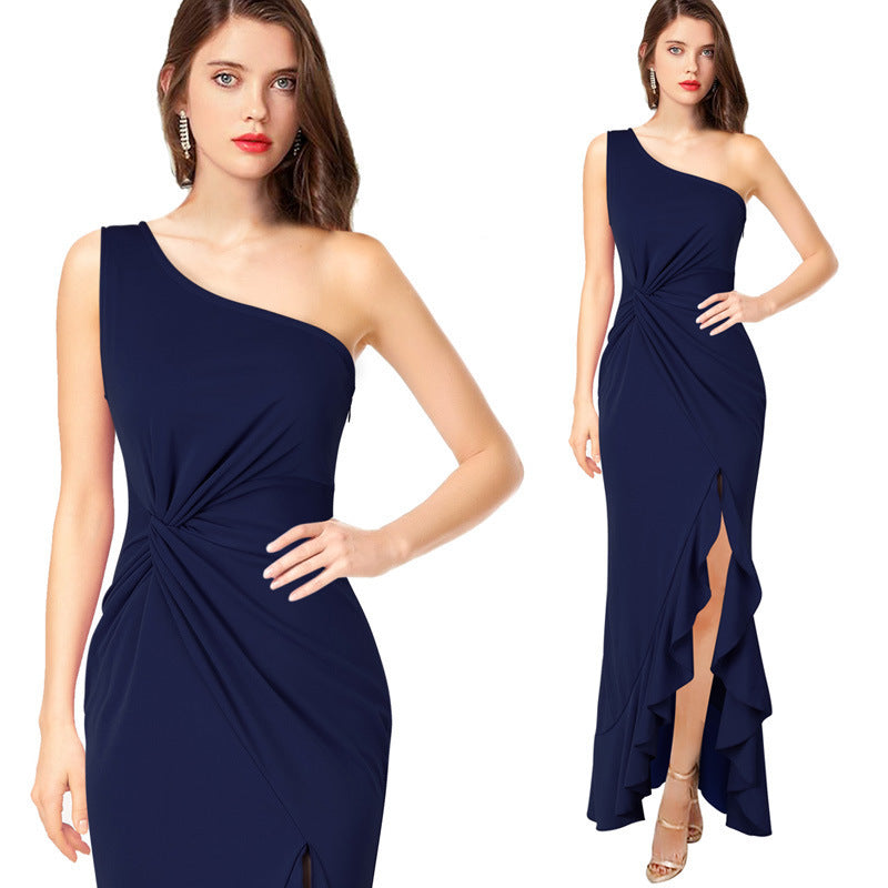 Damen Maxikleid mit asymmetrischem Ausschnitt und elegantem Raffdesign Stalluxe