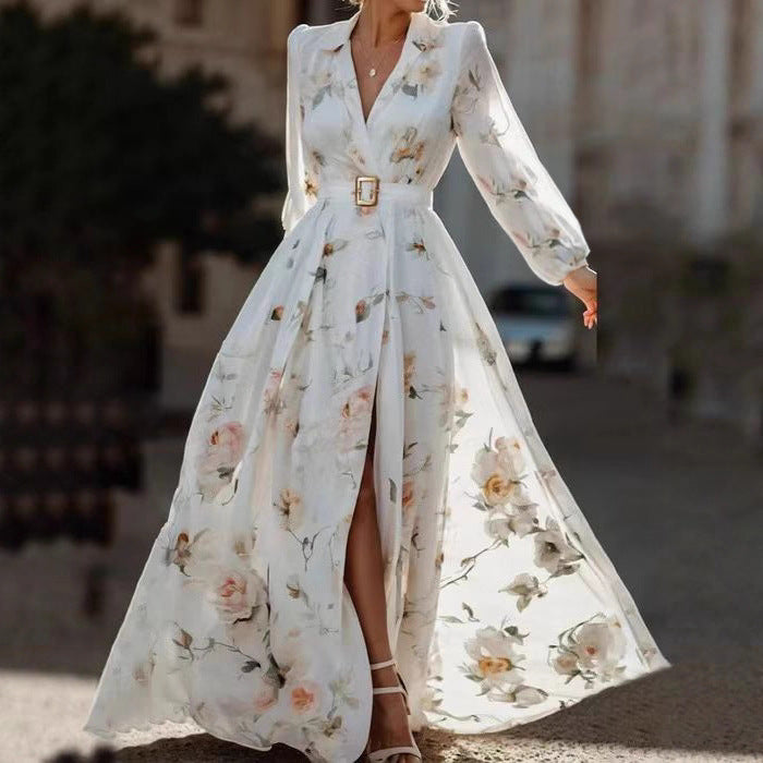 Damen Elegantes Maxikleid mit floralen Applikationen und tiefem V-Ausschnitt Stalluxe
