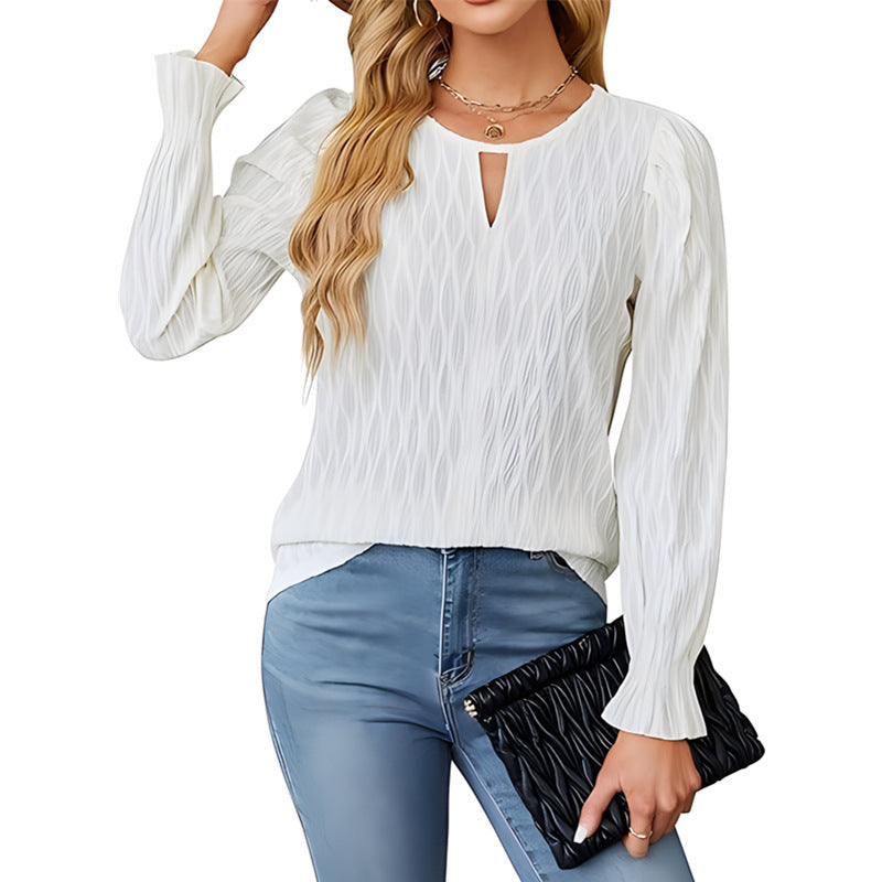 Damen elegantes Langarmshirt mit strukturiertem Stoff und Schlüsselloch-Ausschnitt Stalluxe