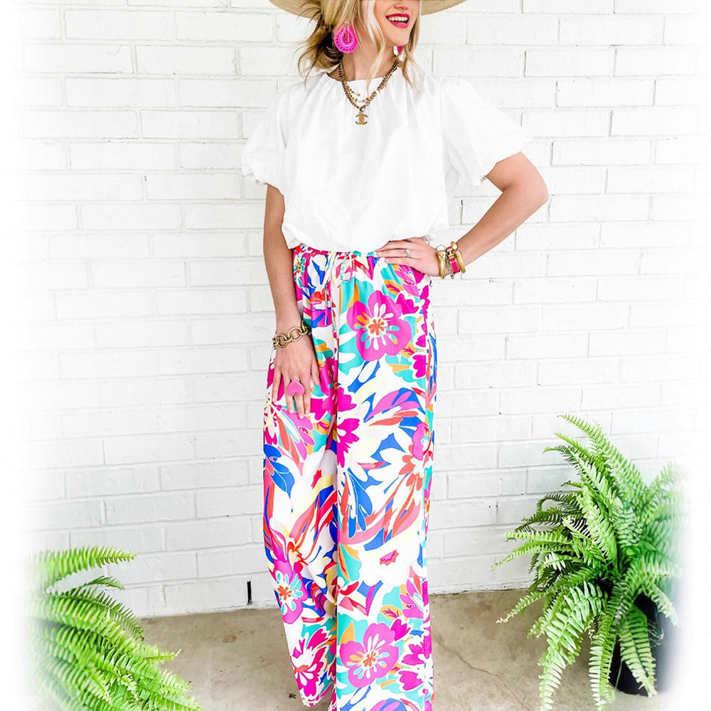 Damen Trendige Weite Blumendruckhose Stalluxe
