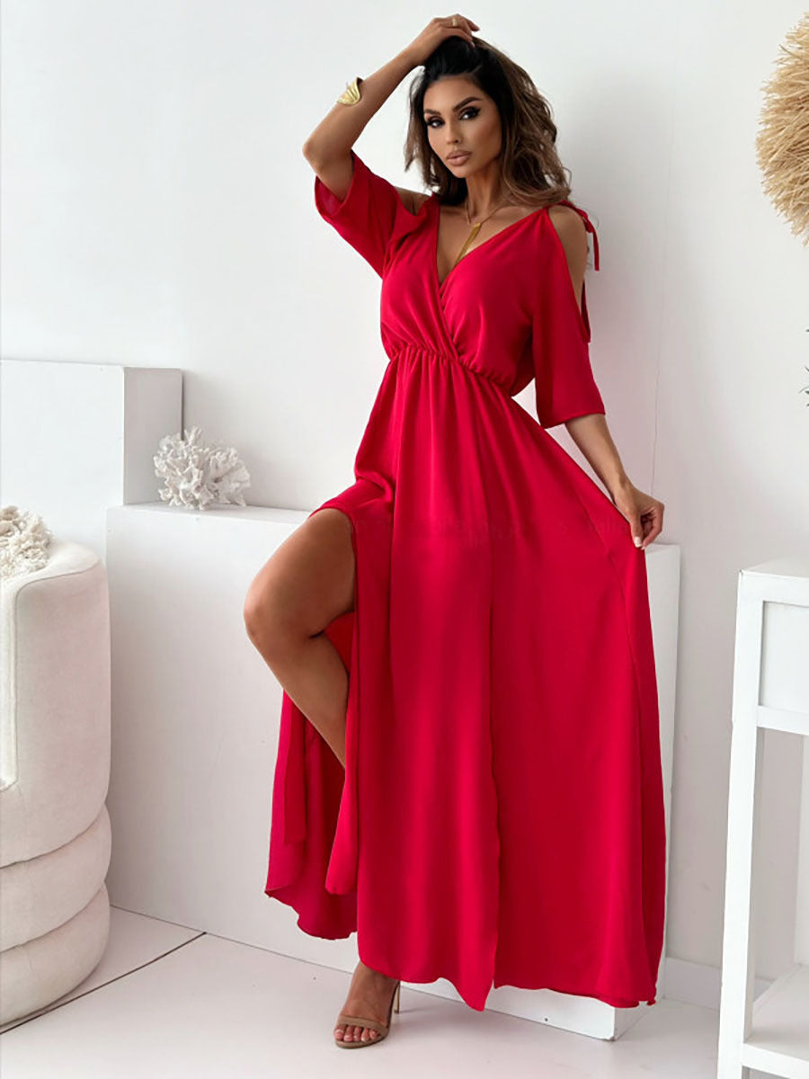 Damen Maxikleid mit schulterfreier Optik und elegantem V-Ausschnitt Stalluxe
