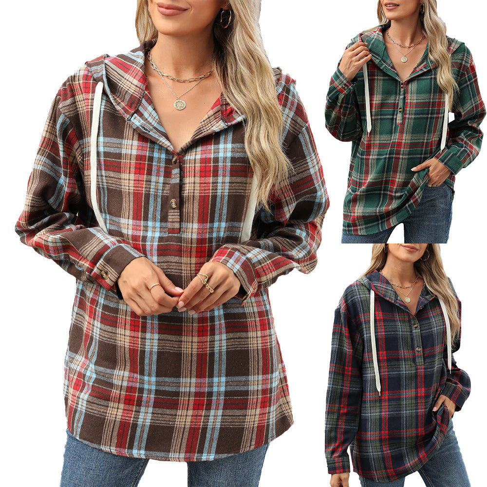 Damen Karierte Overshirtjacke mit Kapuze und Knopfdetails Stalluxe