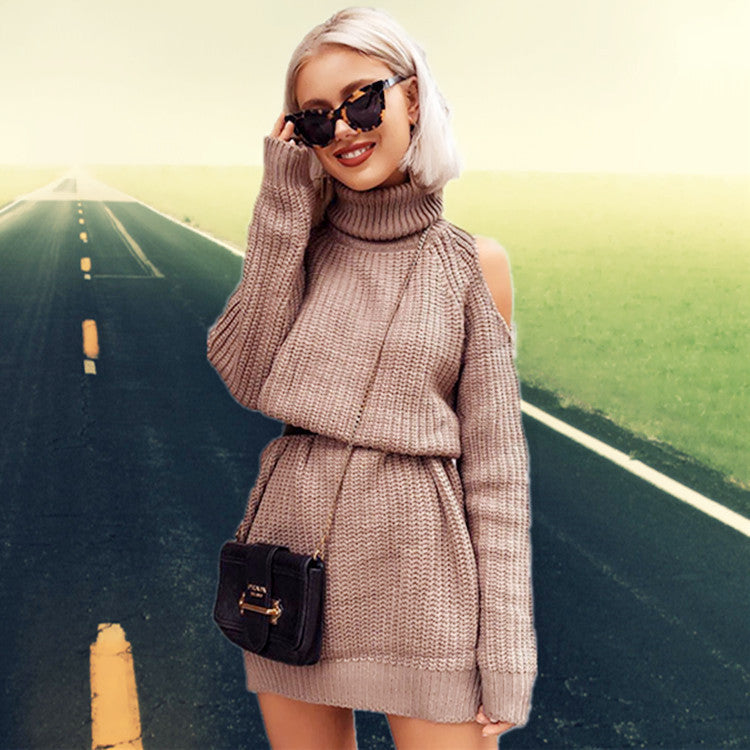 Damen Langarm-Strickkleid mit hohem Kragen und offenem Schulterdesign Stalluxe