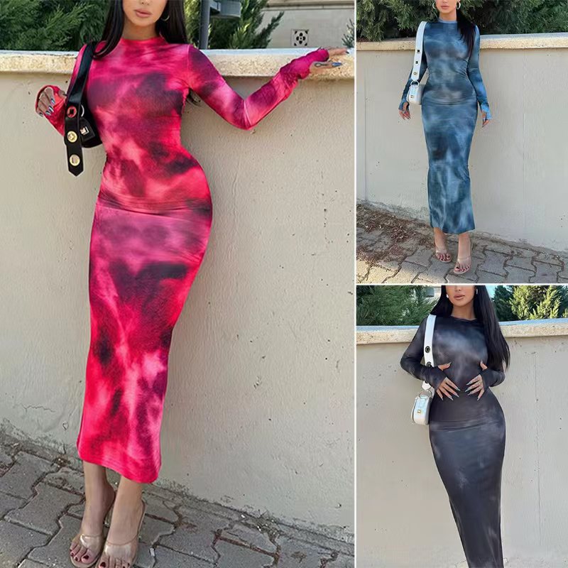 Damen Langarm Maxikleid mit modernem Batikmuster und figurschmeichelndem Schnitt Stalluxe