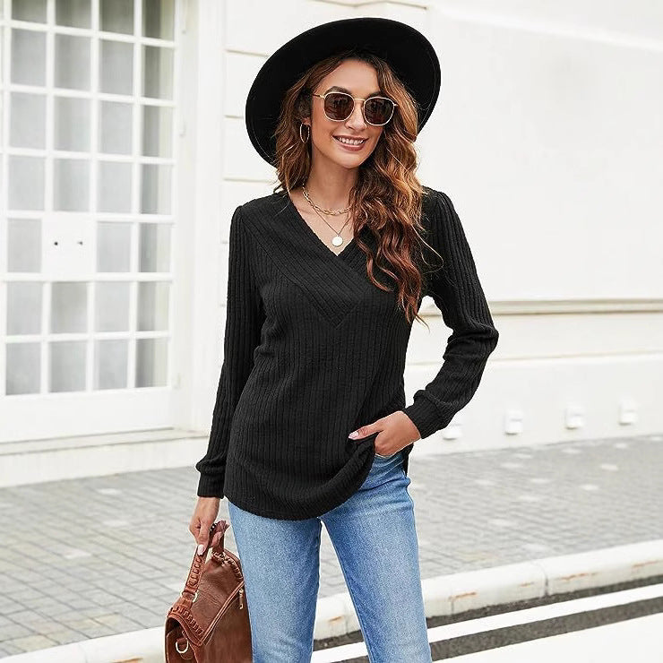 Women's Textured V-Neck Pullover Sweater Stalluxe