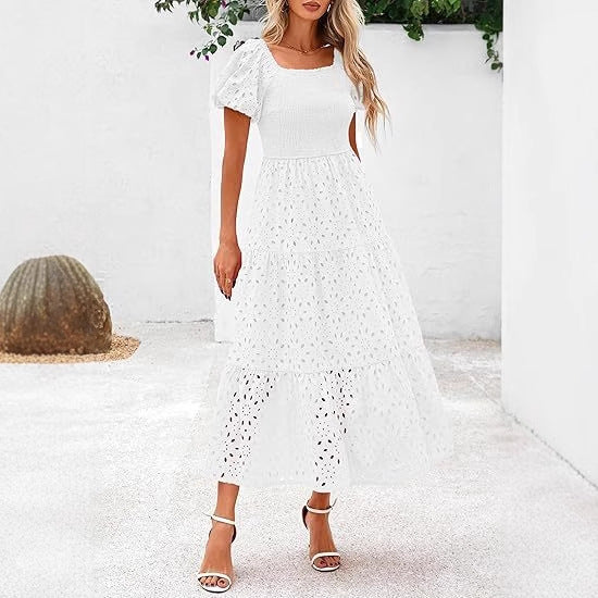 Damen Maxikleid mit dekorativem Lochmuster und Puffärmeln Stalluxe