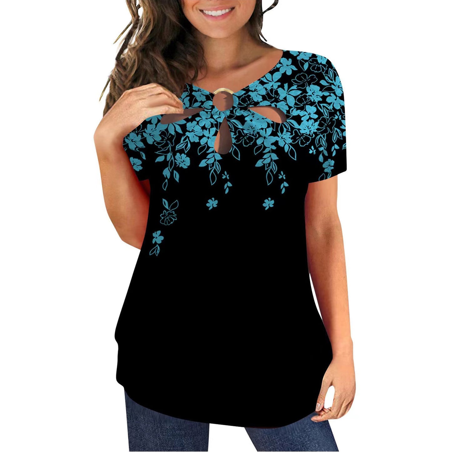 Damen elegantes Oberteil mit floralem Cut-Out-Design und glänzendem Ringeinsatz Stalluxe