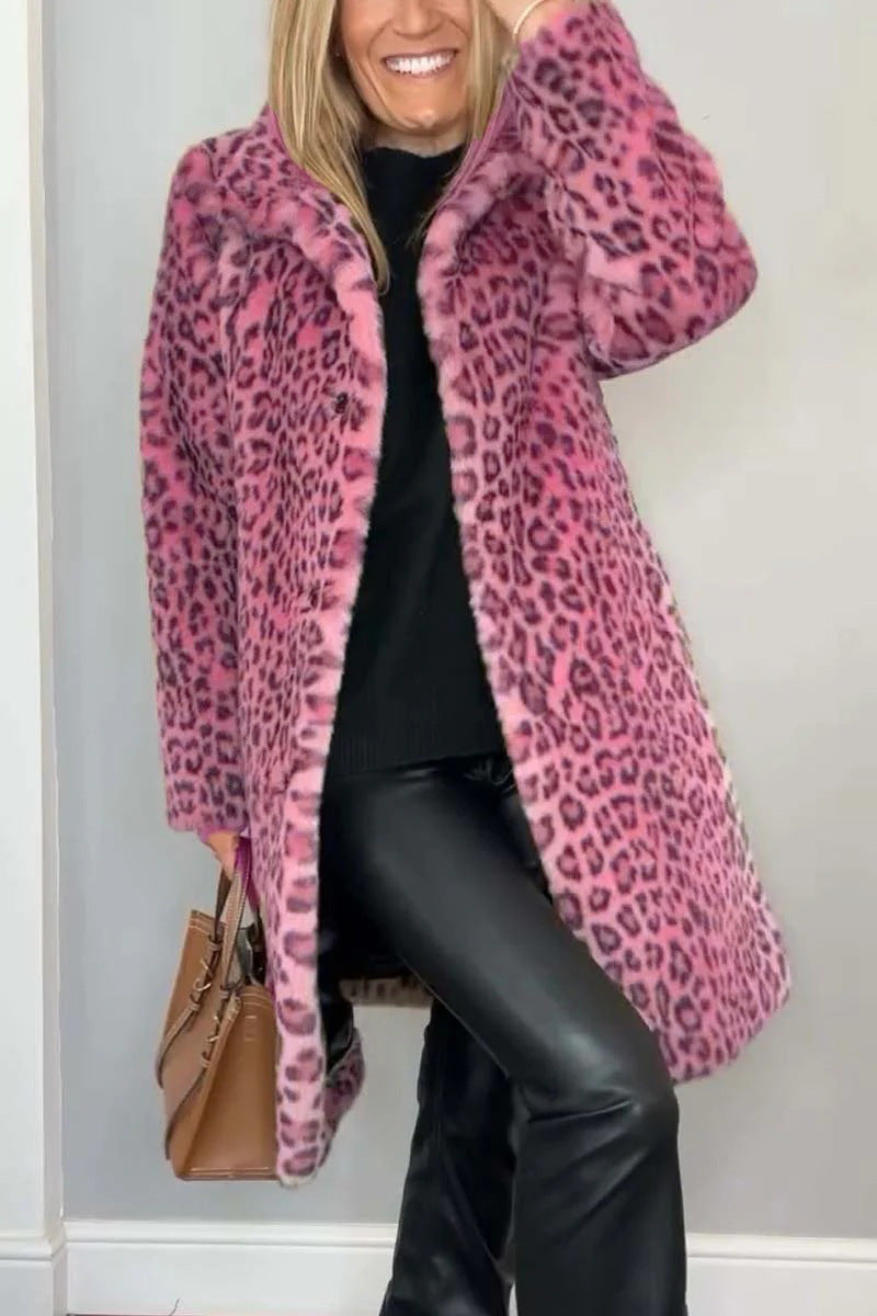 Damen Flauschige Leopardmuster Jacke mit hohem Kragen Stalluxe