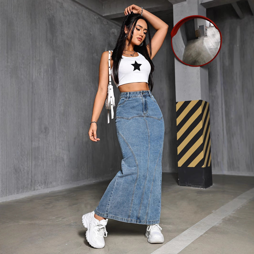 Damen Maxirock aus Denim mit figurschmeichelndem Schnitt und praktischen Taschen Stalluxe