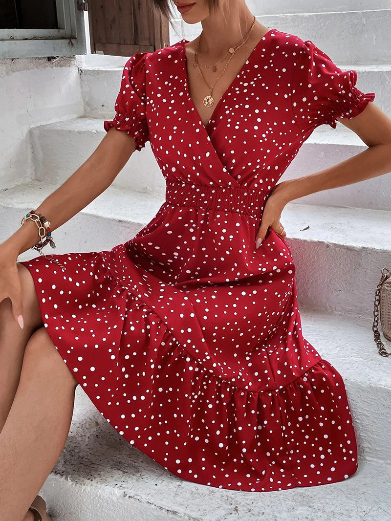 Damen Midi-Kleid mit Puffärmeln und V-Ausschnitt Stalluxe
