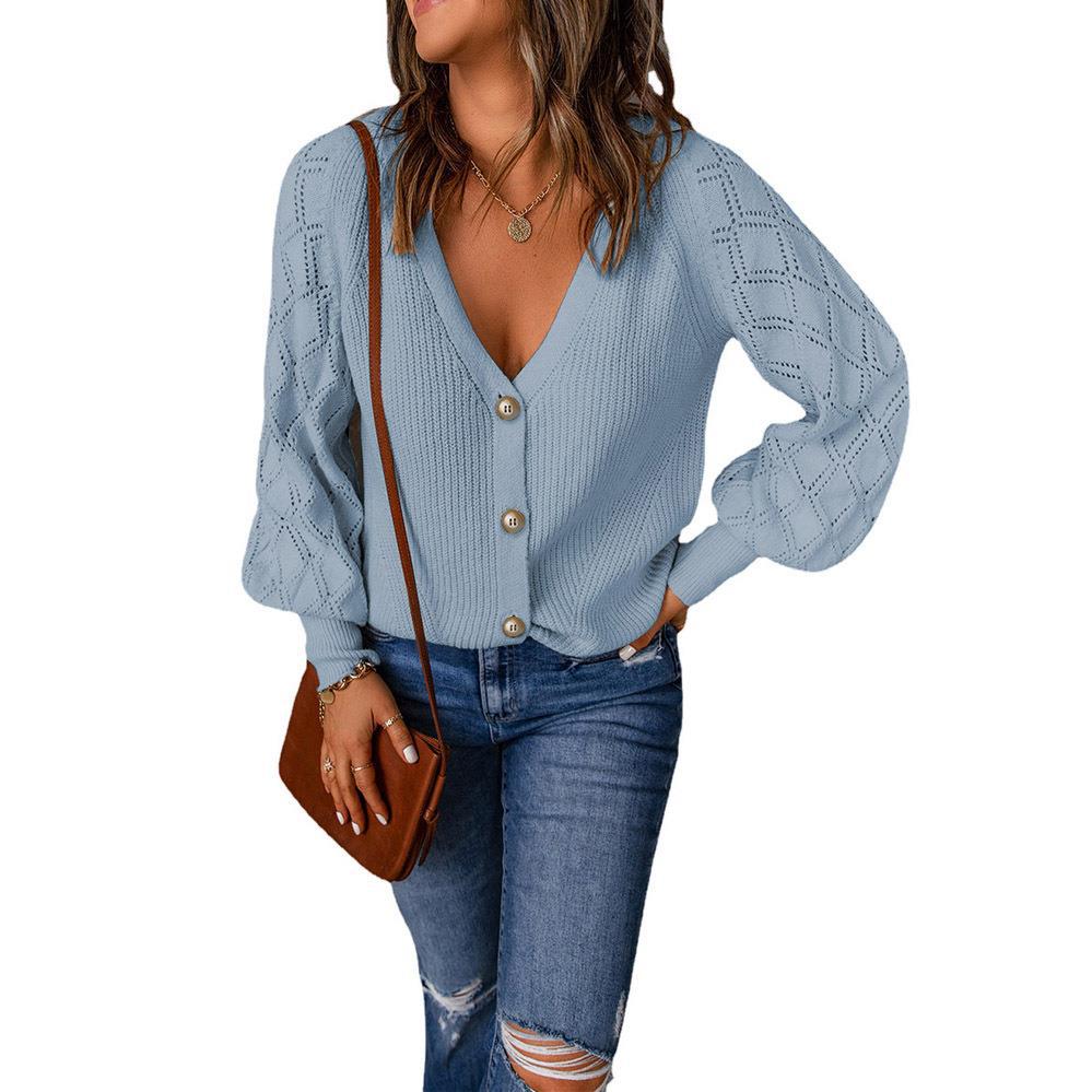 Damen Strickjacke mit V-Ausschnitt und modischen Puffärmeln Stalluxe