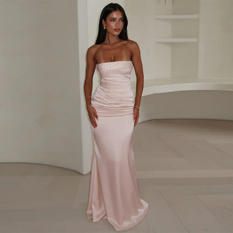 Damen trägerloses Satin Abendkleid Stalluxe